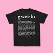 Load image into Gallery viewer, Gweilo Beer black t-shirt with a large white gweilo definition text covering the back. Pink pastel background.