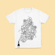 Load image into Gallery viewer, Front of a Gweilo Beer white tropical t-shirt with a large black line illustration across the front. Orange pastel background.
