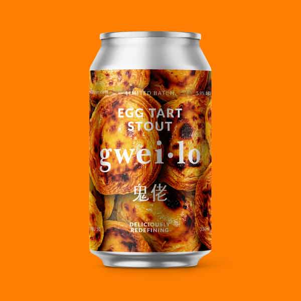 A can of Gweilo Egg Tart Stout on an orange background. A delicious dessert stout with flavours of cinnamon and custard 