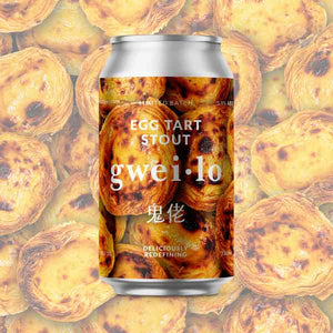 A can of Gweilo Egg Tart Stout on a background of egg tarts. A delicious dessert stout with flavours of cinnamon and custard 