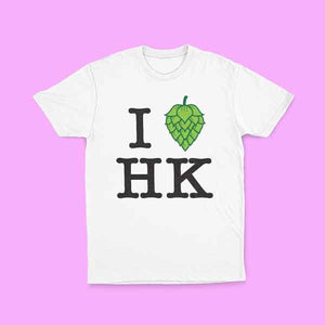 Front of a Gweilo Beer white I Hop HK t-shirt with a large design on the chest. Purple pastel background.