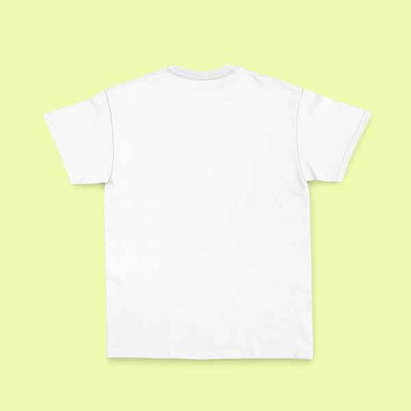 Back of a Gweilo Beer white tropical t-shirt with a blank back. Yellow pastel background.