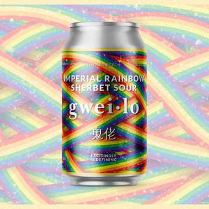 A can of Gweilo Imperial Rainbow Sherbet Sour on a blue background. A delicious imperial dessert sour with flavours of sherbet, sweet tropical fruits and a sour tang on the finish.