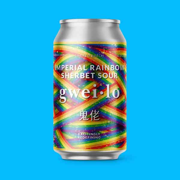 A can of Gweilo Imperial Rainbow Sherbet Sour on a blue background. A delicious imperial dessert sour with flavours of sherbet, sweet tropical fruits and a sour tang on the finish.