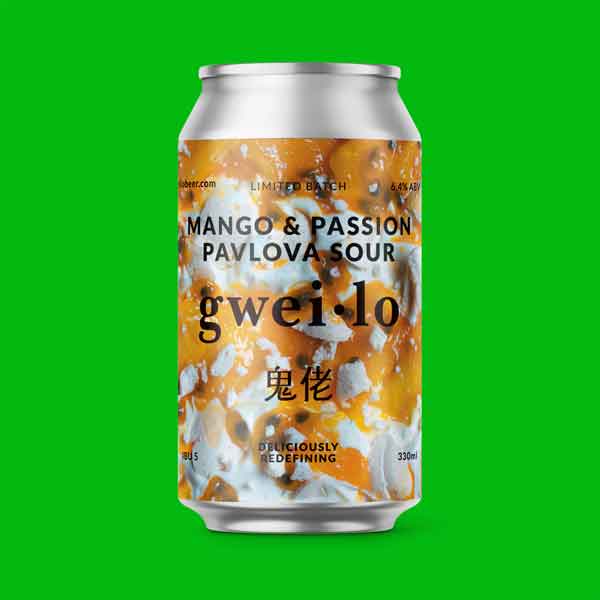 A can of Gweilo Mango and Passion Fruit Pavlova Sour on a green background. Enjoy this tropical fruit dessert sour.