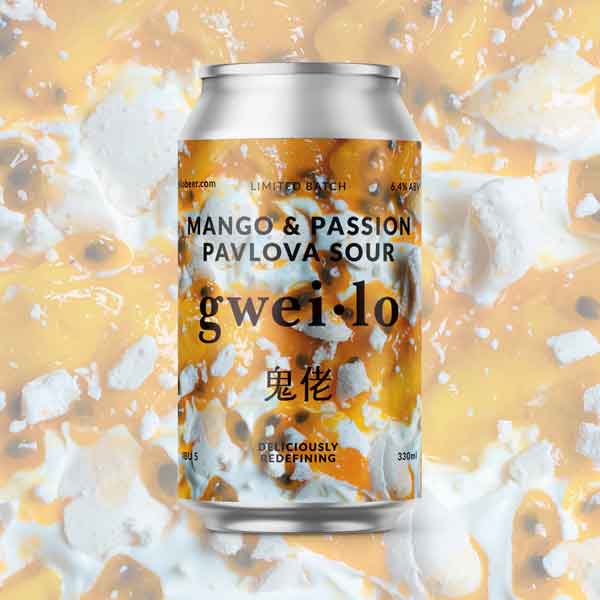 A can of Gweilo Mango and Passion Fruit Pavlova Sour on a fruit pavlova background. Enjoy this tropical fruit dessert sour.